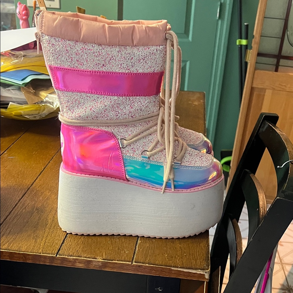 YRU Pink and Silver Holographic Platform Boots